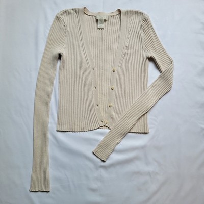 H&M Ribbed Cropped Cardigan Womens Cream Sweater Sz XS Long Sleeve