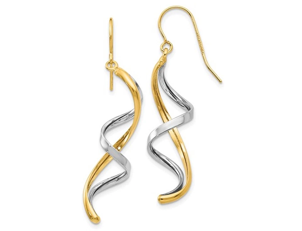 14K Yellow and White Gold Spiral Threader Dangle Earrings