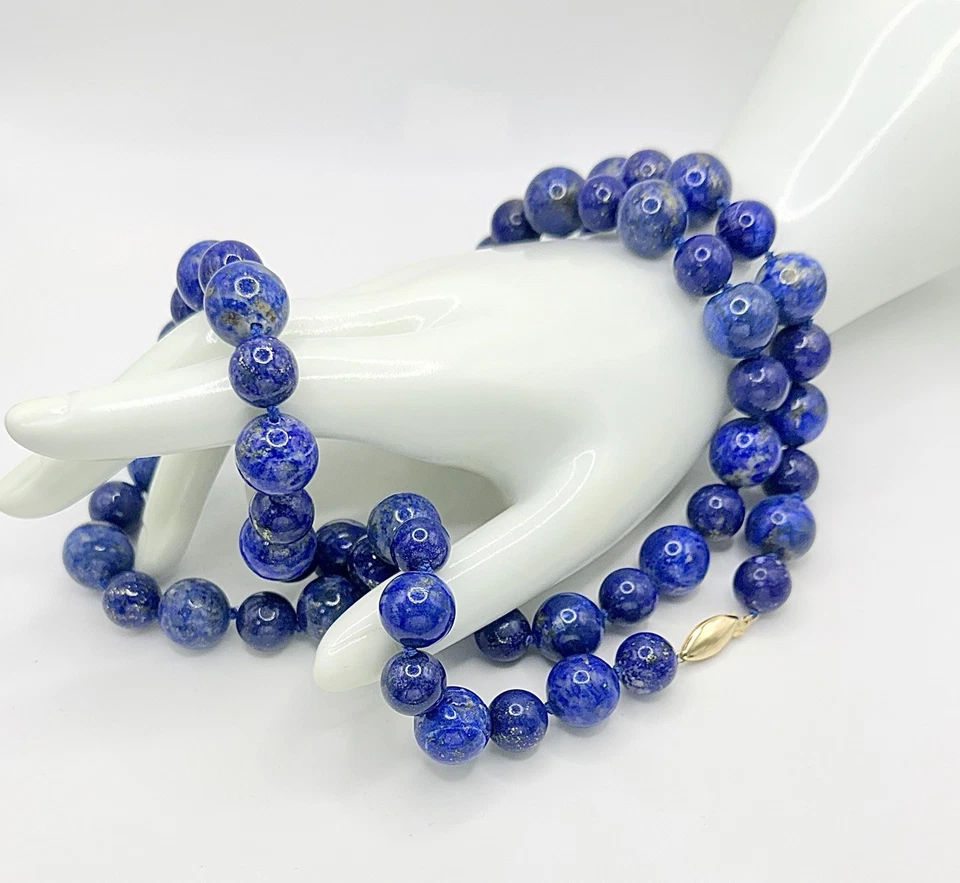 Винтажный 14K желтое золото синий лазурит бисером 32» ожерелье длиной 15 мм и 11 мм бисер - Изображение 3 из 4