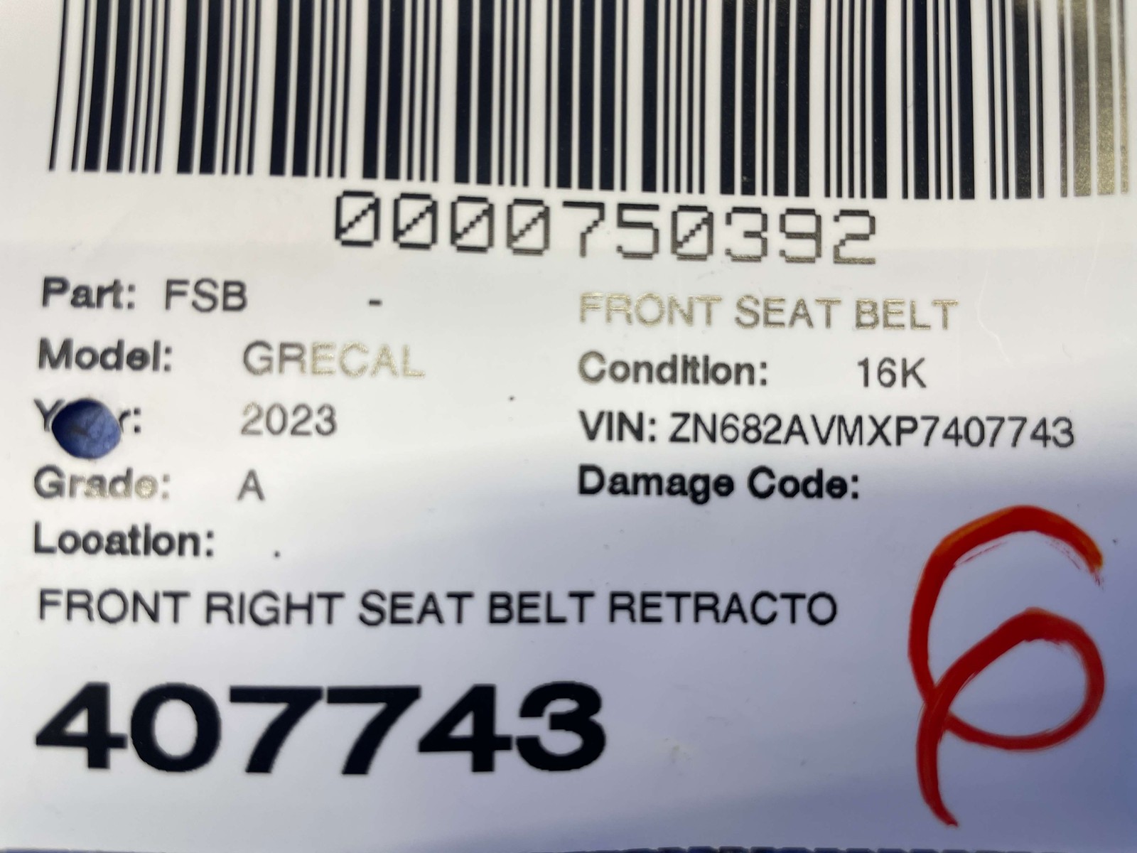 2023-2026 MASERATI GRECALE M182 FRONT RIGHT SEAT BELT RETRACTOR W/ PRETENSIONER