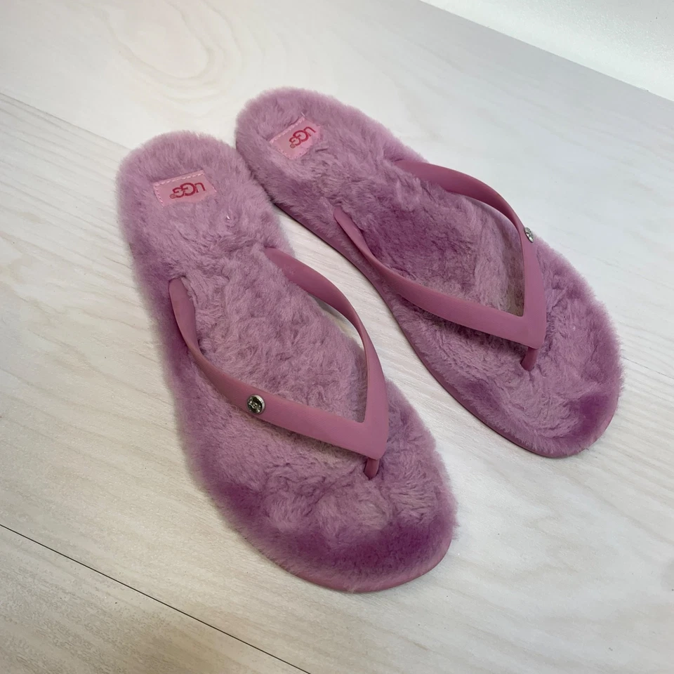 UGG Australia Fluffy Purple Fur Fluffie Flip Flops Womens Size 10 Thong Sandals - Image 2 of 4