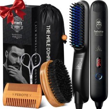 Men's Beard Hair Straightener Set - Boar Bristle Brush, Pear Wood Comb, Mustac