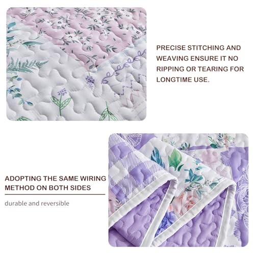  3 Pieces Floral Quilt Set Queen, Patchwork n Pink Flowers Queen-90"x90" Purple