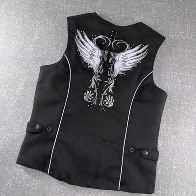 Vance Leathers Black Textile Biker Vest Silver Wing Phoenix Embroidery Small