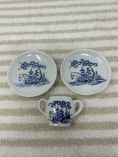 Vintage Dolls House Miniature Porcelain Ceramic Blue Willow Partial Tea Set 3 Pc