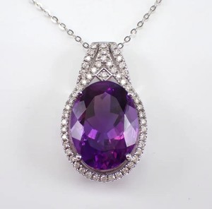 Authentic 3 00Ct Oval Cut Lab Created Amethyst Halo Women's Pendant 14K White Gold Plated