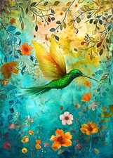 Hummingbird Aceo - 3.5x2.5 Artist Trading Card, Miniature Art Teal Colors