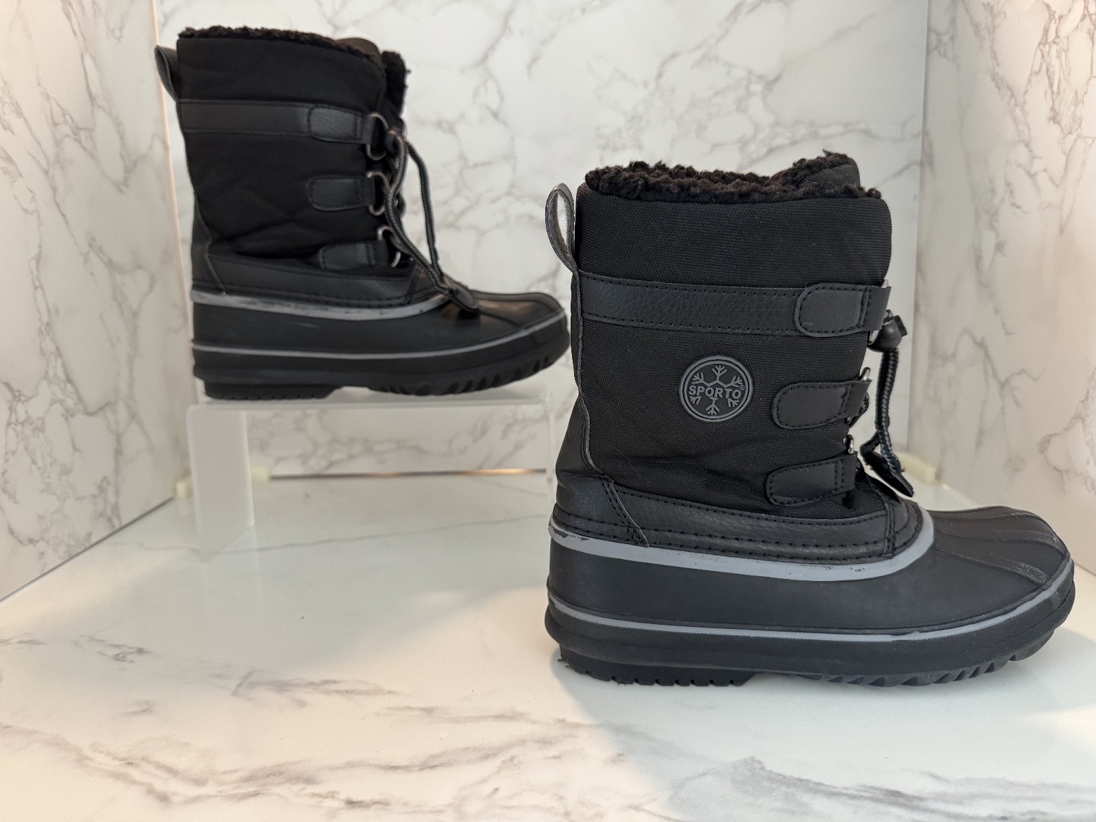 SPORTO Snow Boots Size 2 Youth  Winter Fleece Lined Black/Gray, Pre-owned, Great-image