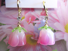 ADORABLE PINK ROSE BUD Flowers GOLD Hoop Post Pierced Dangle Earrings-NWT