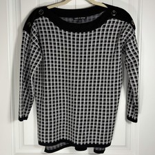 Cable Gauge Black White Windowpane Knit Sweater Button Shoulder Women s Medium