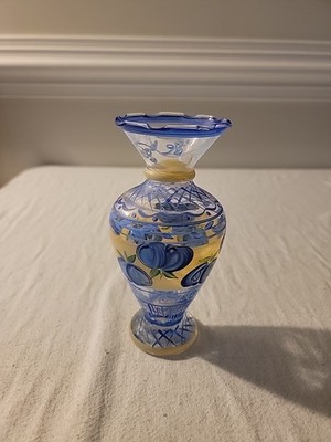 Tracy Porter Glass Bud Vase Blue on Yellow Hand Painted Blueberries Flowers