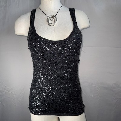 Y2K Bebe Black Sequin Tank Top Women M Silk Cotton Sleeveless whimsigoth Grunge