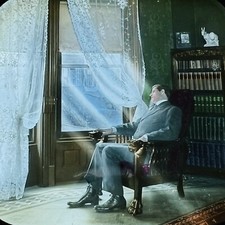 Antique Sing Along Magic Lantern Slide Scott & Van Altena Man Relaxing Library