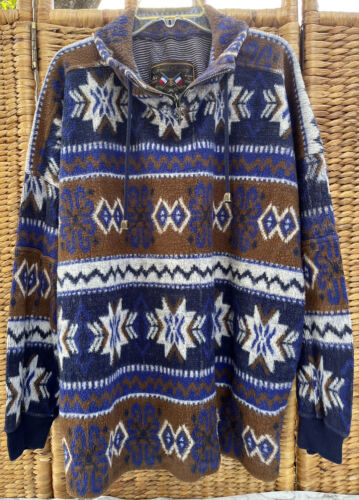 Vintage Express French Country Aztec Fleece Pullover Hoodie Sweater Y2K Medium - Afbeelding 1 van 8