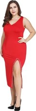 Plus Size Sleeveless V-Neck Sheath Split Midi Dress for any Party Red Size 12-26