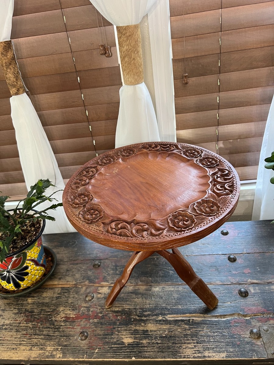 Vintage Wood Carved Side Table with Folding Legs | eBay