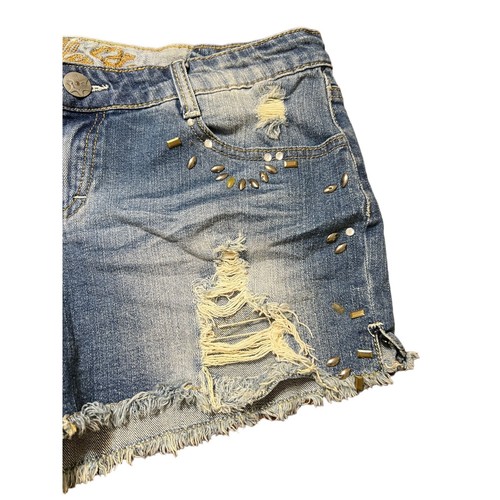 Vanilla Star Bootie Denim Jean Shorts Raw Hem Rhinestones Studs Distressed Sz 13 - Picture 3 of 5