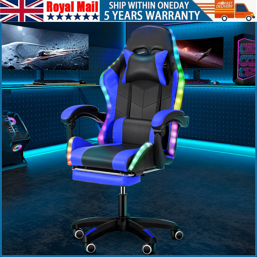 Blue Gaming Chair with RGB LED illuminat Ergonomic Computer Swivel