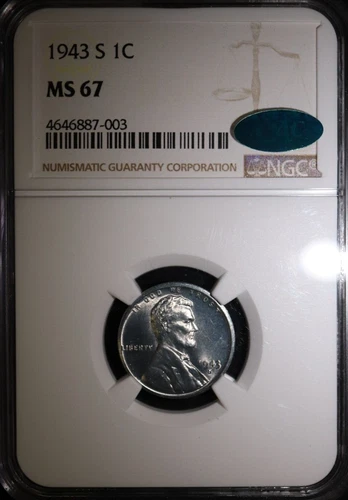 1943-S Lincoln Steel Cent NGC MS67 CAC Bright Frosty Luster