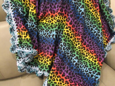 #ad #ad Leopard Bright Colors Throw Afghan Blanket With Crochet Edge Rainbow Super Shell $47.00