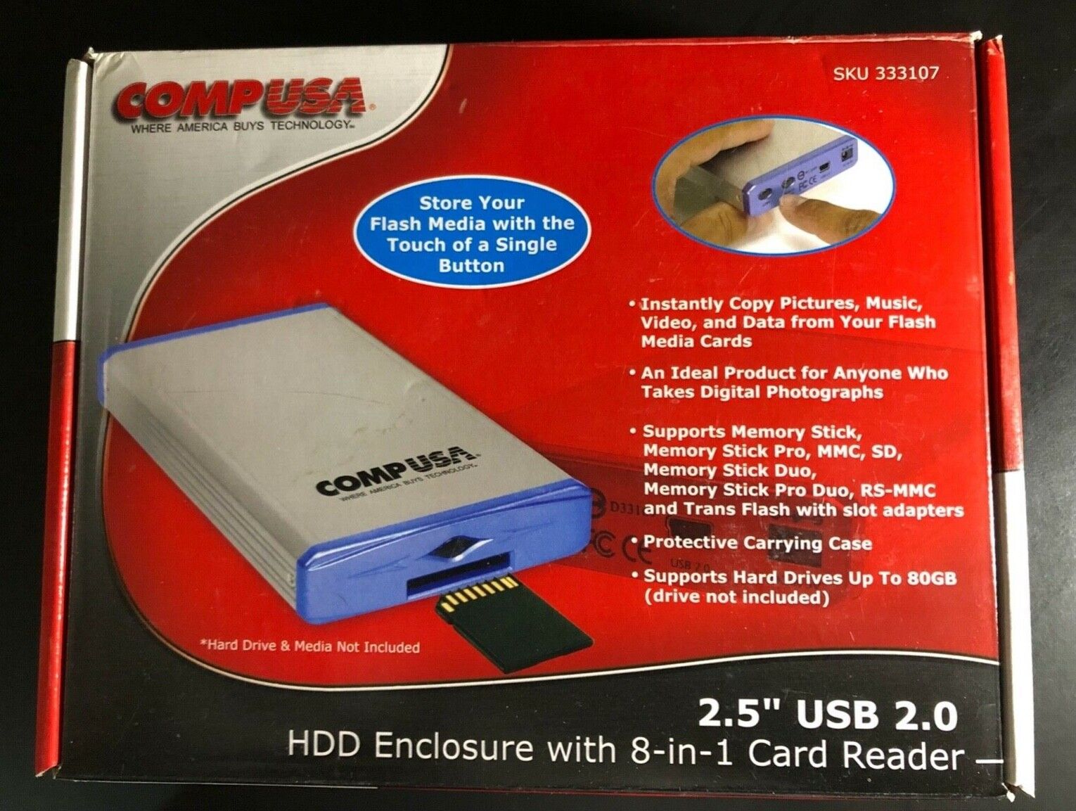 COMP USA 333107 2.5" USB 2.0 HDD ENCLOSURE 8-IN-1 Card Reader & Case  NEW