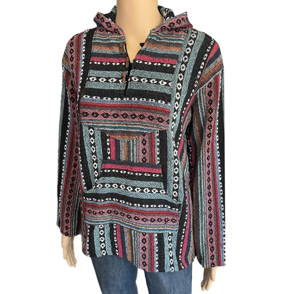 Винтажная толстовка с капюшоном Baja 90-е гранж индийское одеяло племенной пуловер - женская средняя - Изображение 2 из 4