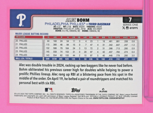 2025 Topps Alec Bohn #7 "Tinsel/Meijer" Philadelphia Phillies - Picture 2 of 2