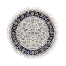 4'3"x4'3" Ivory Nain with Flower Design Hand Knotted Wool & Silk Round Rug 92508