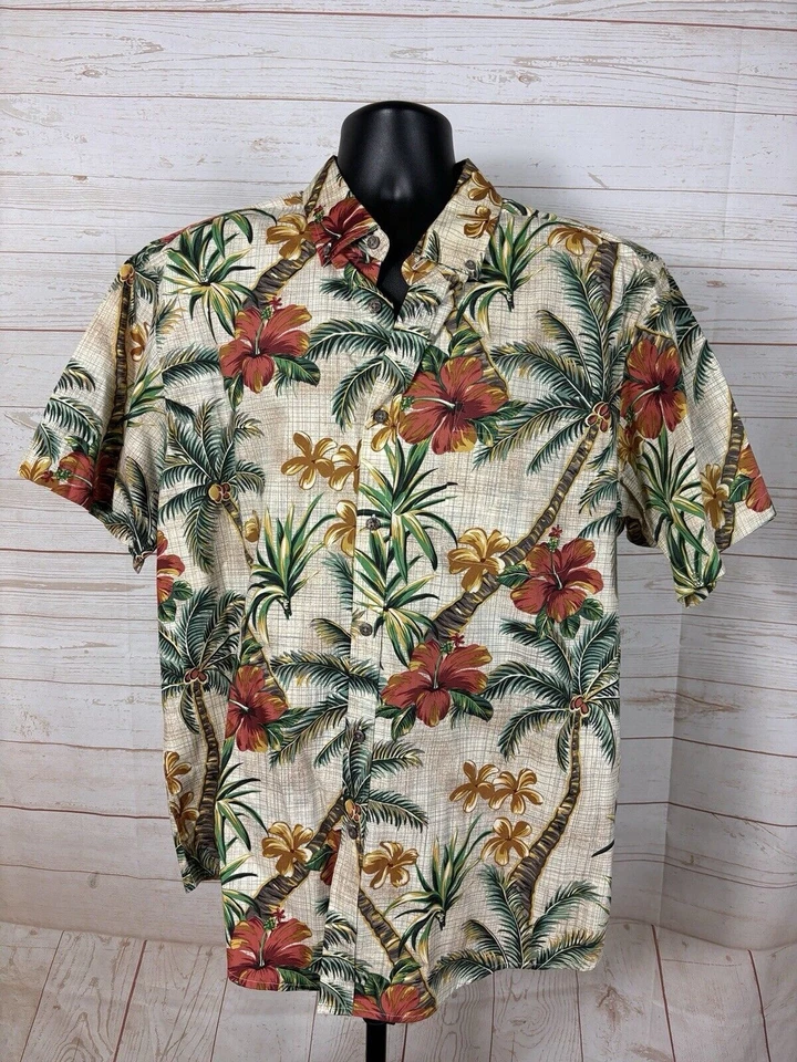 Camisa Aloha XL Hawaiana Hibisco Palmeras Palmera Flores Abotonada Bonita Para Hombre Foto 2 de 4