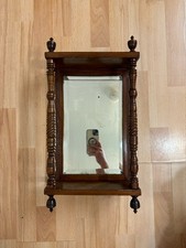 Stunning Antique Mahogany Wooden Wall Mirror With Shelf & Uniquely Turned Design