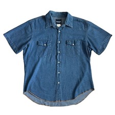 Vintage Wrangler Mens Shirt XL Denim Pearl Snap Western Cowboy Rancher Blue