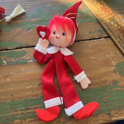Vintage JAPAN 1950s White Red Christmas Elf Pixie Doll Ornament Heart RARE!