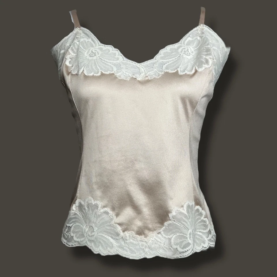 Vintage 80s Cami 38 / M Cream Floral Lace Trim Coquette Cottagecore Body Lites - Image 3 of 4
