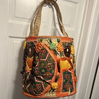 Gorgeous Vtg Handmade Woven Folk Art Raffia XL Straw Embroider Tote Bag 15x15x7''