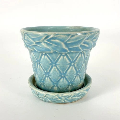 Vintage McCOY Pottery Flower Pot Blue Quilted Diamond Planter 1940s