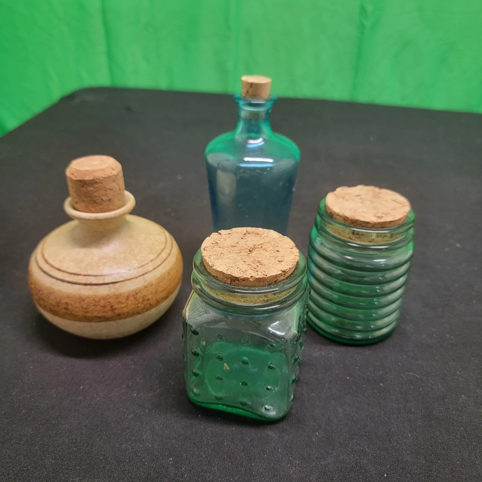 Lot Of 4 Bottles/Jars With Corks One Pottery & Three Glass Jars