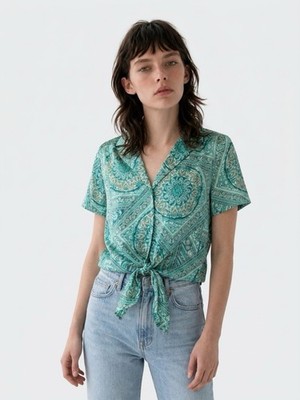 Eclair Satin Blouse Womens Small Tie Front Blouse Boho Hippie S/S Paisley Green