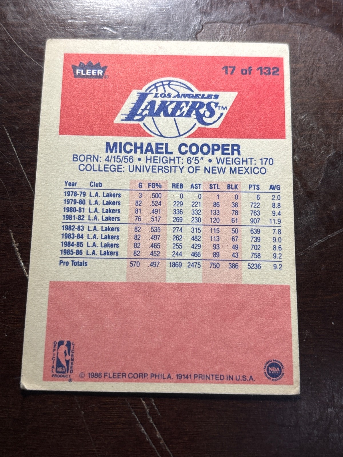 1986 Fleer Premier Michael Cooper Lakers Guard #17 of 132 Basketball Card