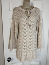 Mango Small (UK 8-10) Beige Crochet Long Sleeve Mini Dress Flared Sleeve Boho