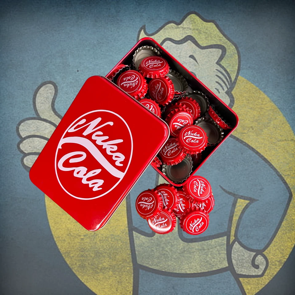 Vault-Tec Nuka Cola Cap Stash Custom Metal Tin Full of Fallout Bottle Caps - Image 2 of 4