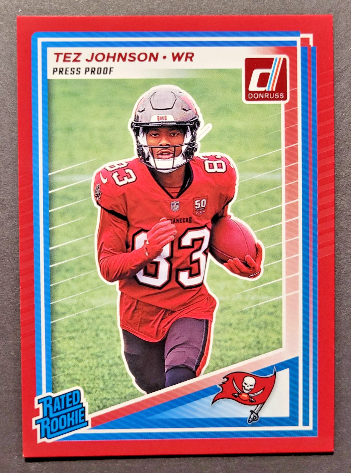 Tez Johnson 2025 Donruss Red Press Proof Rated Rookie Tampa Bay Buccaneers