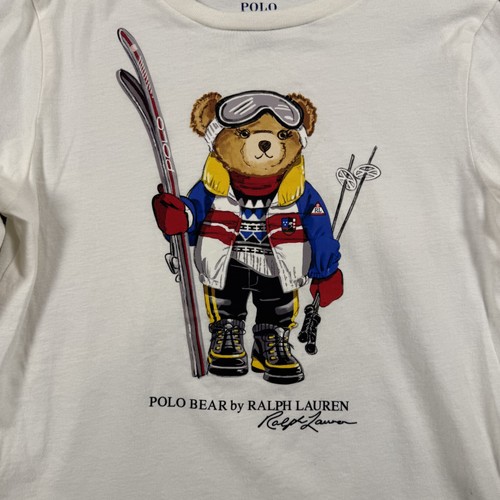 Polo Ralph Lauren Polo Bear Shirt Boys Medium 8-10 White Long Sleeve Ski Graphic - Picture 2 of 16