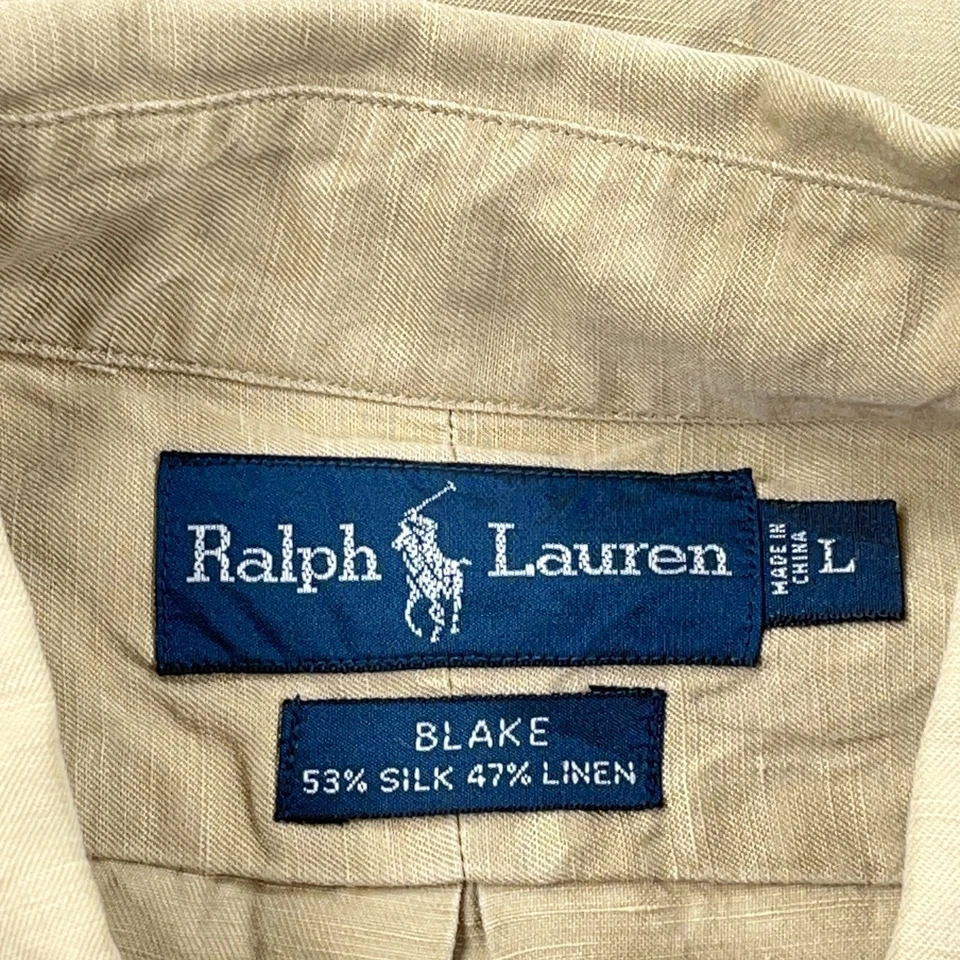 Ralph Lauren Shirt Men XL Khaki Tan Button Up Silk Linen Blend Green Pony Blake - Image 4 of 4