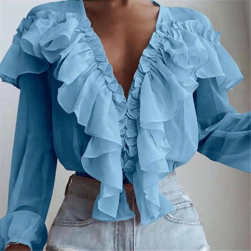 Größe Damen Rüschen Rüschen Langarm Bluse Damen Arbeit Büro Shirt Freizeit Tops - Bild 13 von 19
