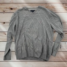 Tommy Hilfiger Sweater Mens Large Gray Cotton Flag Long Sleeve Diamond V Neck