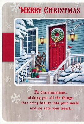 Thoughtful MERRY CHRISTMAS Card, Red Door Wreath Winter by