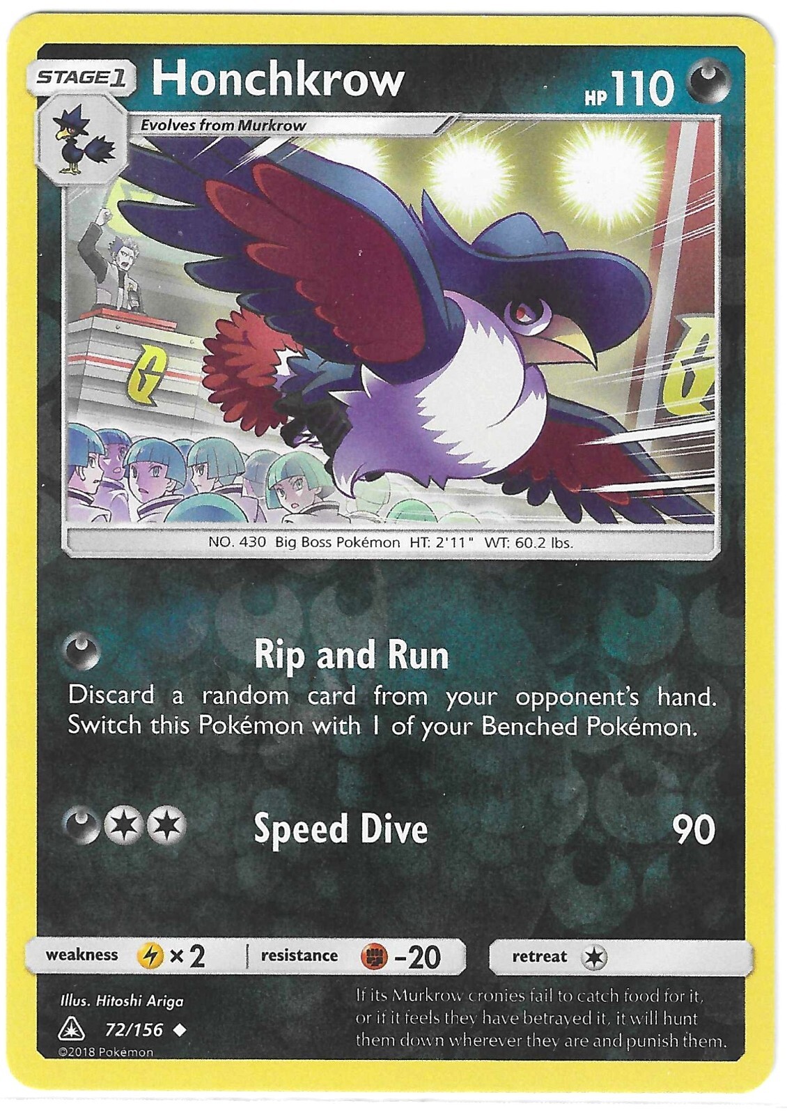 Pokemon REVERSE HOLO HONCHKROW Ultra Prism 72/156 NM/Mint PACK FRESH