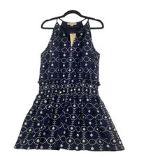 Michael Kors Halter Dress Petite Size PL Blue Embroidered Sleeveless V-Neck