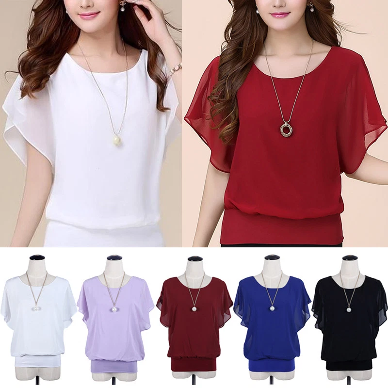 Womens Chiffon Short Sleeve Blouse T-Shirts Loose Batwing Solid Tops Summer New - Image 2 of 4