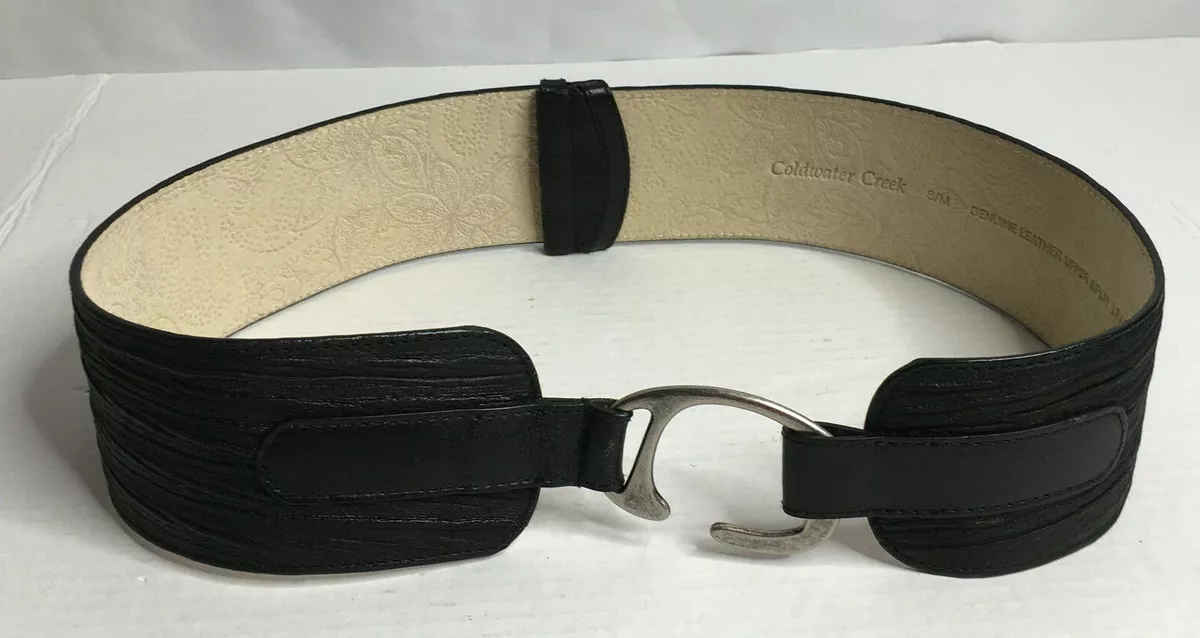 Coldwater Black Wide Leather Adjustable Belt Antique Silver Buckle S/M |